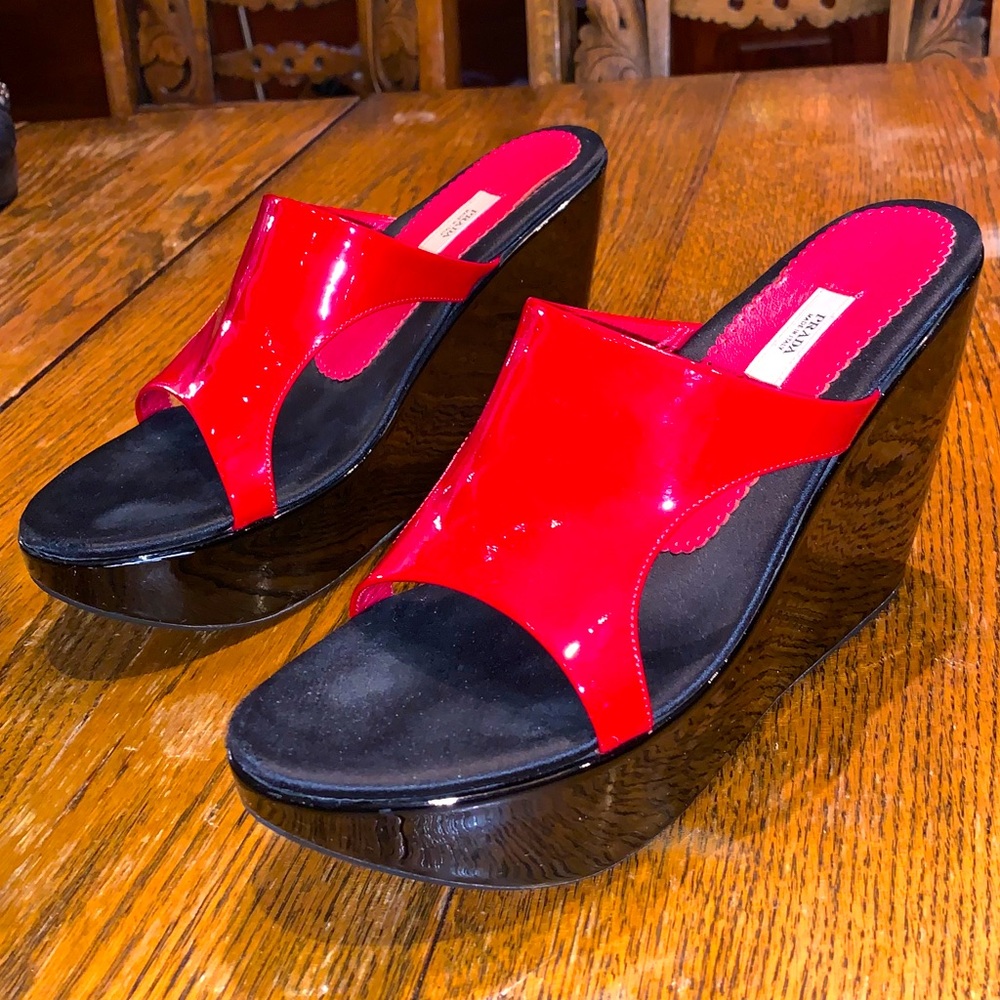Prada red patent platform slides